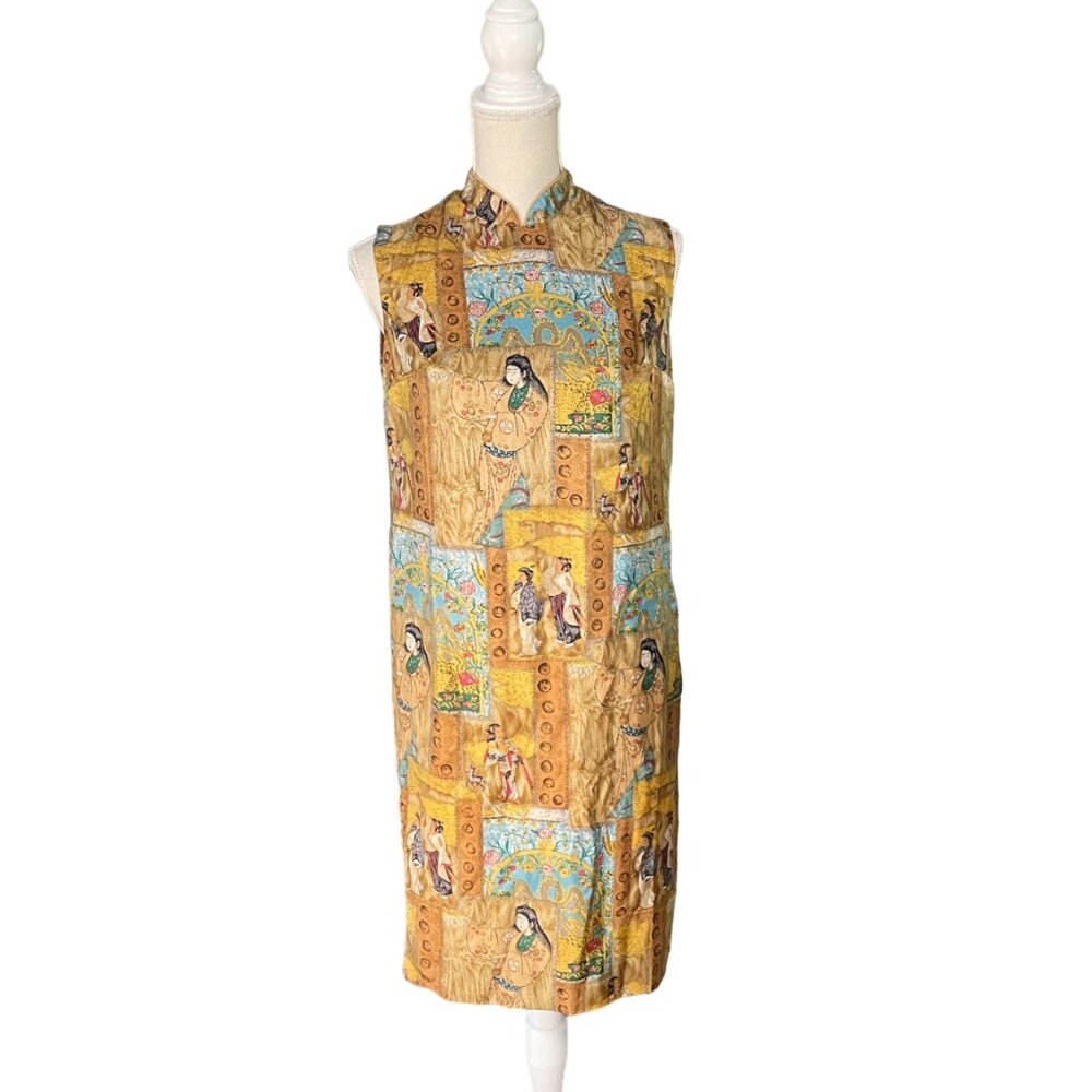 1960s Blanes London Dress gold Chinese Mandarin vintage size 14 S M 37" chest